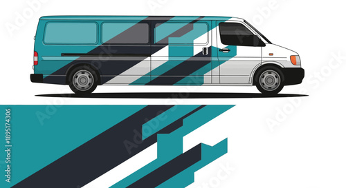 Vibrant teal and blue graphic van with dynamic angular stripes across its side.