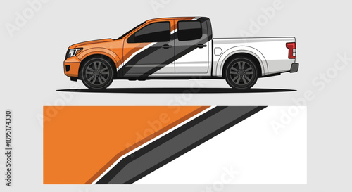 Side view of a bold orange and gray pickup truck with graphic wrap and sleek design.