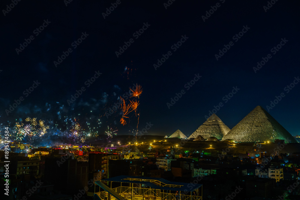 Fototapeta premium Fireworks on New Year's Even 2026, Giza, Egypt