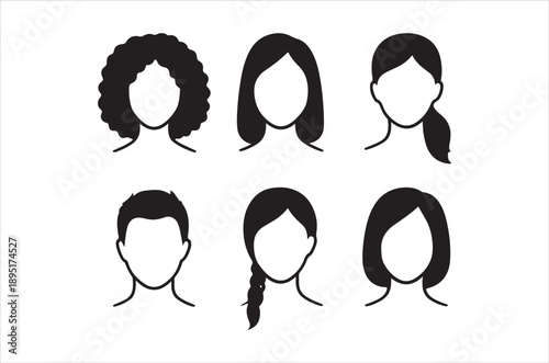 A collection of six black silhouette headshots displaying diverse hairstyles and facial outlines