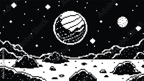 Pixel Art 1-Bit Alien Planet Surface Space Landscape Scene