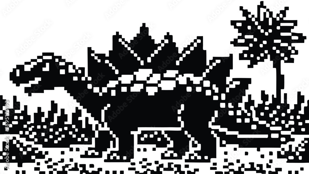 Obraz premium Pixel Art 1-Bit Stegosaurus Dinosaur Jungle Nature Scene