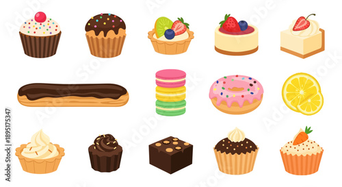A colorful assortment of sweet treats and desserts displayed on a clean white surface
