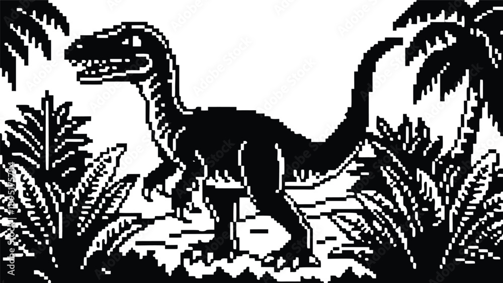 Fototapeta premium Pixel Art 1-Bit Velociraptor Dinosaur Jungle Landscape Scene