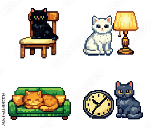 Pixel art cats in cozy room with lamp and clock
