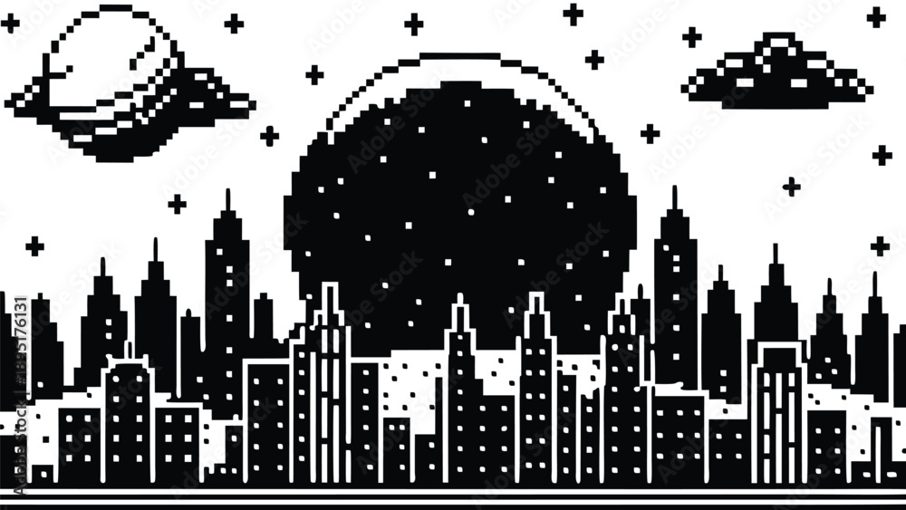 Obraz premium Pixel Art 1-Bit Future City Skyline Night Moon Landscape