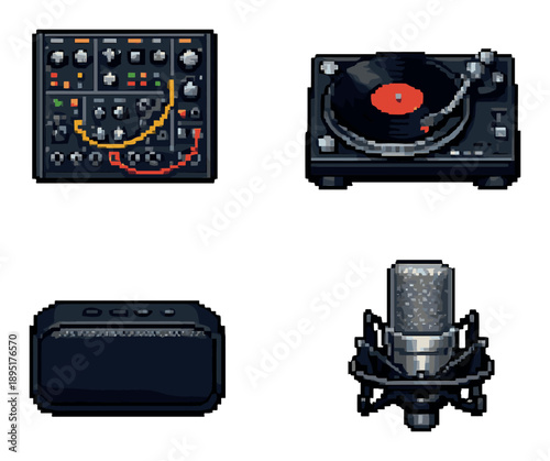 Pixel art music set: synthesizer, turntable, speaker, microphone