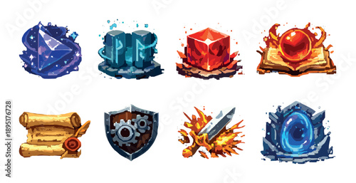 Colorful fantasy game icons: gems, shields, weapons, and scrolls