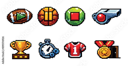 Colorful pixel art sports icons collection including trophy and medal