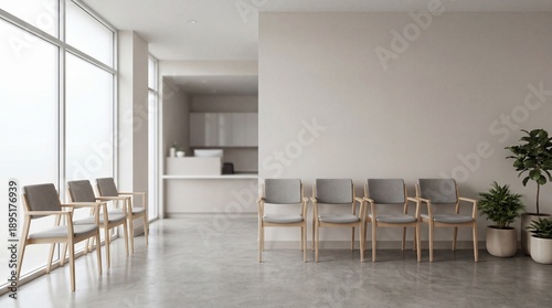 Clean modern clinic waiting room with empty chairs and a softly blurred reception area, lit by gentle daylight in a sterile neutral interior with generous copy space.