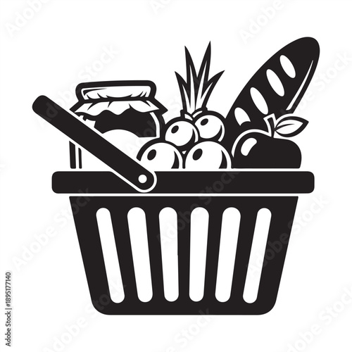 Grocery picnic basket silhouette with food and vegetables