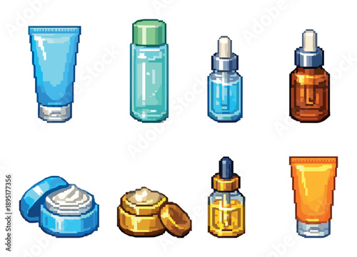 Pixel art skincare collection featuring various bottles and jars