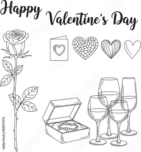 Happy Valentine's Day Line Art: Rose, Jewelry Box, Wine Glasses, and Hearts for Romantic Greetings