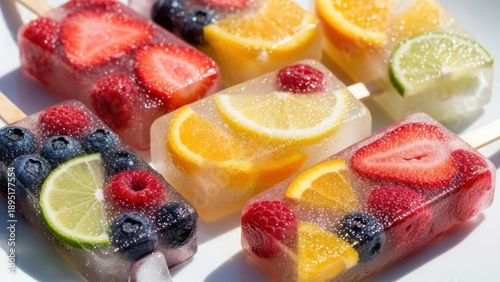Close-up of colorful fruit-infused popsicles on sticks, perfect summer refreshment