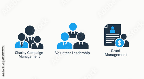 Organizational Management Icons: Charity, Volunteers, Grant Management and Business Team Graphics