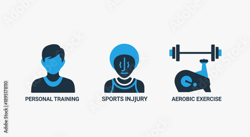 Diverse set of icons representing personal training, sports injury, and aerobic exercise with a modern, flat, blue and dark blue color scheme.