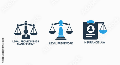 Legal Icons: Court Proceedings, Legal Framework, and Insurance Law Scales of Justice Illustration