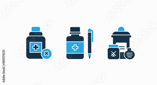 Icons of medicine bottles and containers, representing pharmaceuticals, healthcare, and medical treatment options.