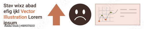 Business analysis, performance tracking, financial growth, economic trends, data interpretation, decision-making. Arrow, sad face and graph chart showing rising and falling trends. Business analysis