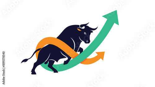 Powerful black bull charges forward as a vibrant green arrow curls around its body to represent a strong stock market trend.