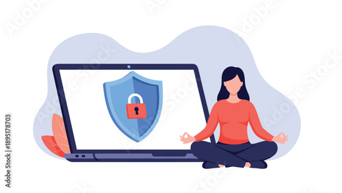 Peaceful woman meditates in a lotus position in front of a laptop showing a blue security shield and a red padlock icon.