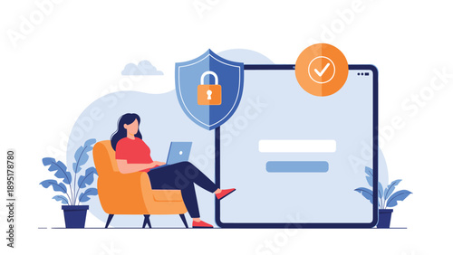 Woman works on a laptop in a cozy chair while a large digital screen nearby shows a secure login interface with a lock icon.