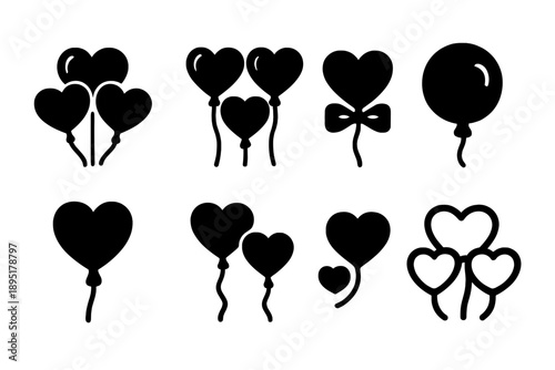 Balloon Heart Icons. Balloon cluster hearts. Filled icon set of Balloon cluster hearts: three-heart cluster,
