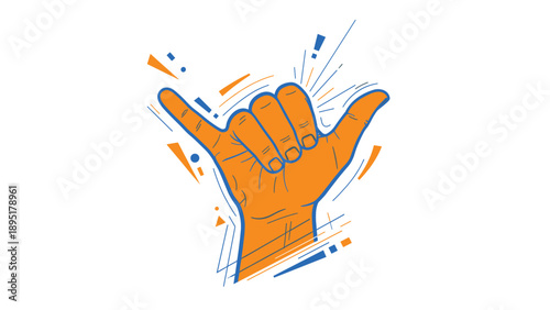 Bright orange hand makes a hang loose sign with blue outlines and geometric decorative elements on a white background.