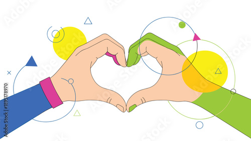 Two human hands of different colors come together to form a heart shape against an abstract background of shapes and lines.