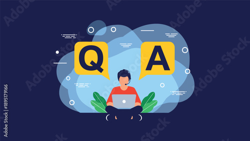 Customer support representative sits with a laptop under large Q and A speech bubbles to symbolize an online help desk or faq session.