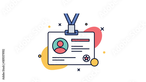 Detailed illustration of a personal identification badge or employee ID card with a profile photo placeholder and name details on a lanyard.