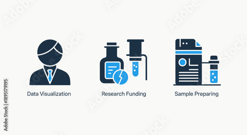 Scientific Research Icons: Data Visualization, Funding, and Sample Preparation