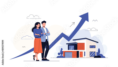 Professional couple stands proudly next to their modern dream house as a giant blue arrow shows rising property values over time.