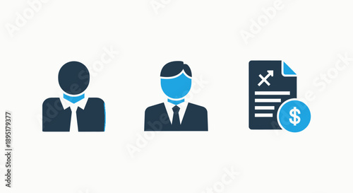 Three flat icons representing business people and finance: two male figures in suits and a document with a dollar sign and strategic arrows.