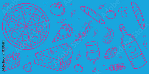 Hand-drawn Italian food icons with pizza, pasta, wine, and cheese on a blue background