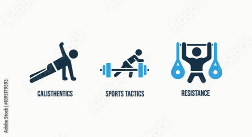 Fitness and Sports Icons: Calisthenics, Sports Tactics, and Resistance training representations.
