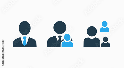 Icons illustrating business relationships and team structures: a single person, a mentor with a mentee, and a small group, representing leadership, guidance, and team dynamics.