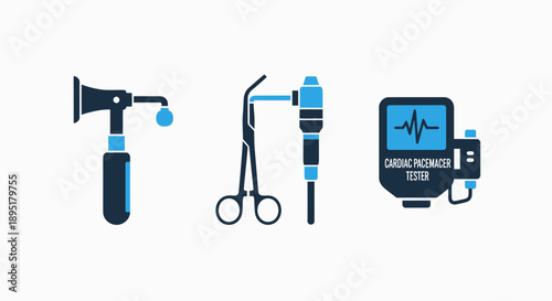 Medical equipment icons: otoscope, surgical instrument, and cardiac pacemaker tester, representing diagnostic tools and advanced healthcare technology.