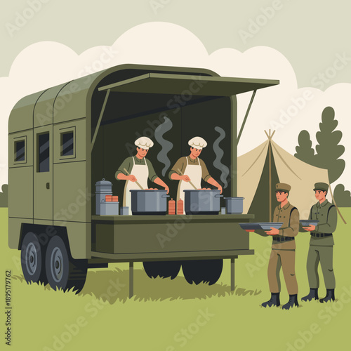 Soldiers serving food from military mobile kitchen in the field  