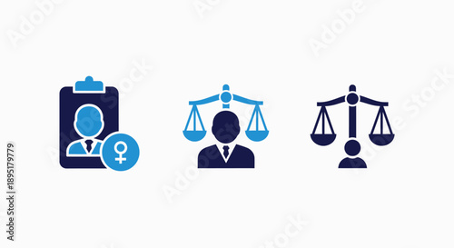 Law and justice icons: person on a clipboard with gender symbol, judge with scales of justice, and empty scales, representing legal services, equality, and judgment.