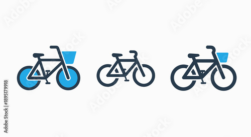 Set of three bicycle icons in dark blue and light blue, representing cycling, transportation, and eco-friendly mobility