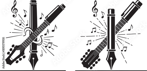 Creative concept of music and writing combined: guitars, pens, musical notes, and stylized bursts.