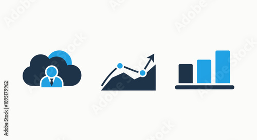 Icons for cloud computing, data analysis, and financial growth charts, representing digital business intelligence and analytics