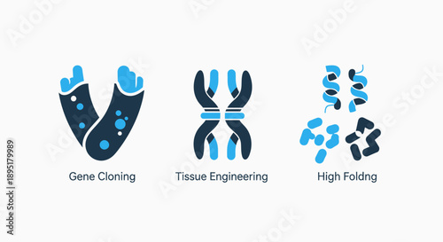 Scientific icons for gene cloning, tissue engineering, and high-folding protein structures, illustrating biotechnology and genetic research