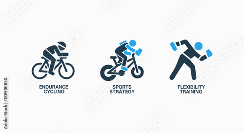 Sports icons: endurance cycling, sports strategy, and flexibility training, showcasing athletic activities