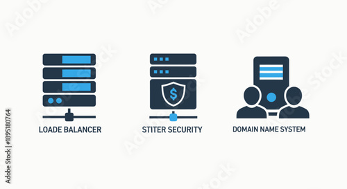 Icons of server racks, network security, and DNS for IT infrastructure, load balancing, and internet domain management.