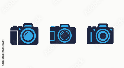 Set of stylized camera icons in blue and dark blue, representing photography, videography, and creative media, perfect for photo studios, content creation, and imaging technology.