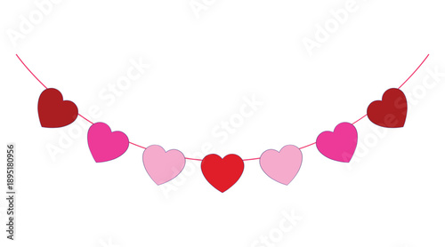 Heart garland in shades of red and pink for a festive decoration on a white background