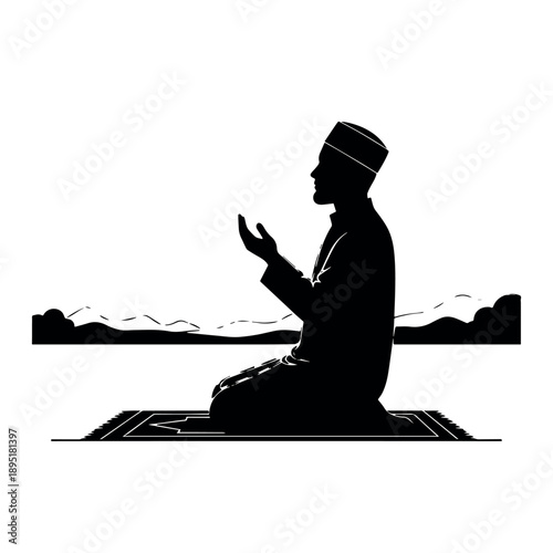 Muslim man praying on a rug in silhouette, symbolizing faith and devotion against a subtle landscape.