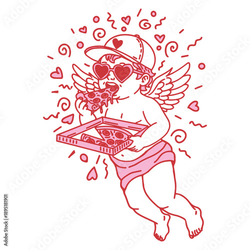 Minimalist illustration of playful Cupid holding  pizza box and eating  juicy slice of pepperoni pizza. Fun Valentines Day design element for cards, banners and romantic advertising graphics.